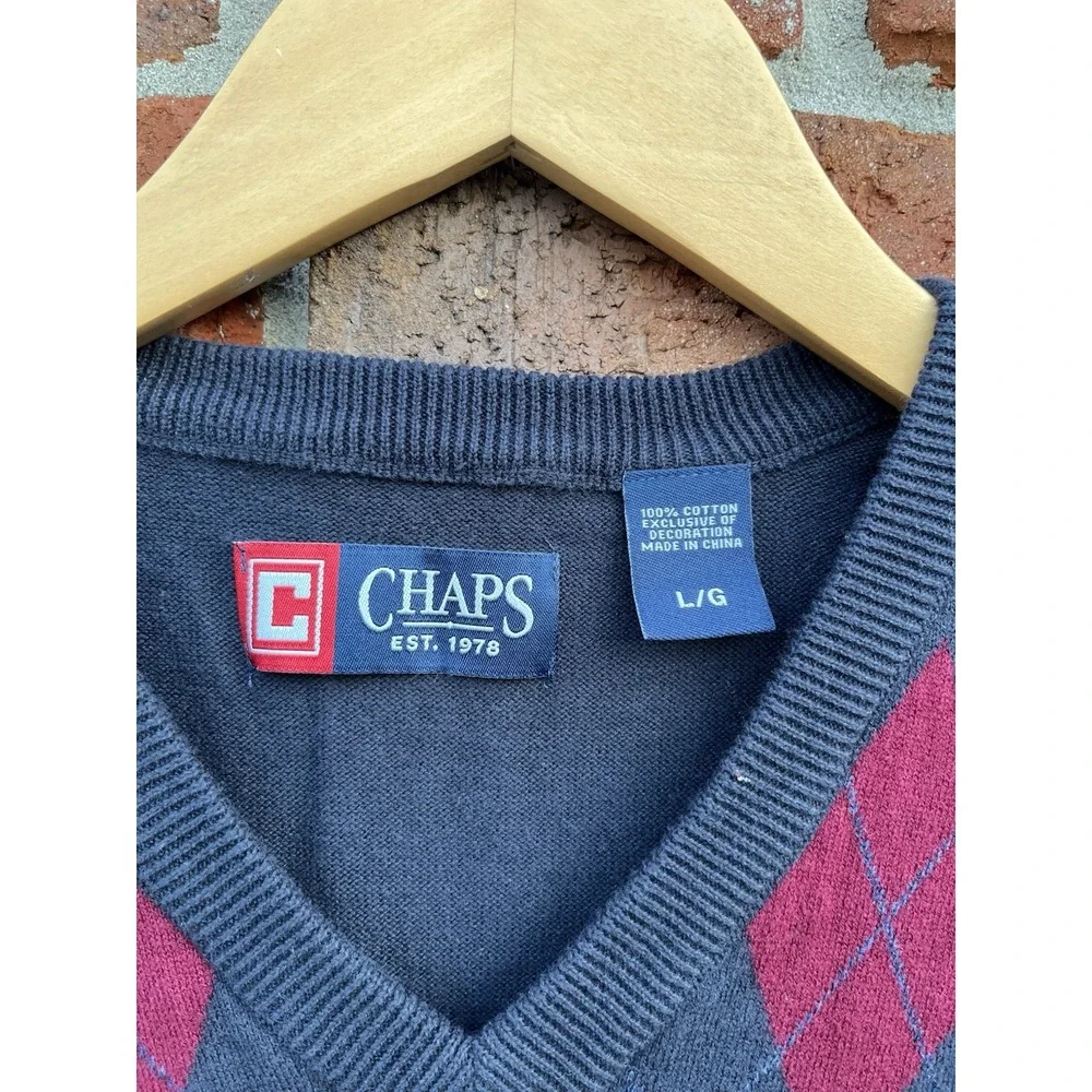 Chaps Argyle Sweater Vest Mens L Navy Burgundy Cotton Preppy Golf Dad Core